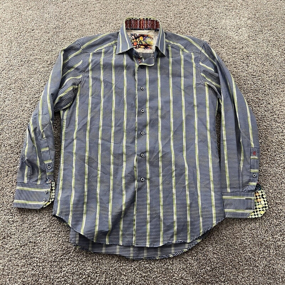 Robert Graham Shirt Men Small Blue Green Striped Abstract Designer Classic Fancy